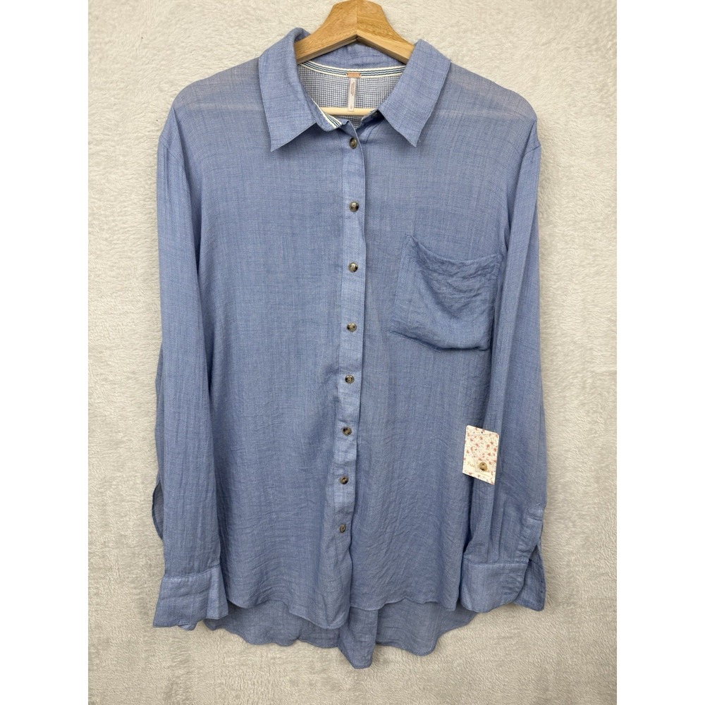 Free People Blue Chambray Gingham Check Button Up Shirt Oversized Coastal Boho L